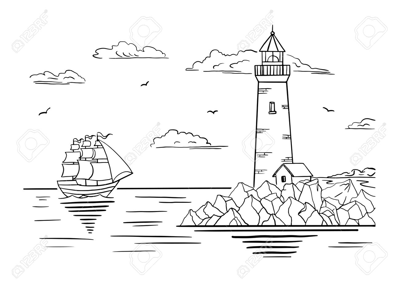 Coloring book a lighthouse on a rocky shore and a ship on the horizon hand drawn sketch vintage style black and white vector illustration isolated on white background royalty free svg cliparts