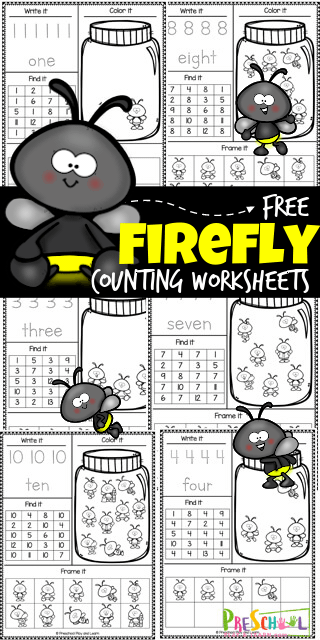 Free printable firefly summer counting worksheets
