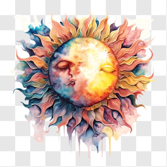 Download whimsical sun with smiling face in bright watercolor png online