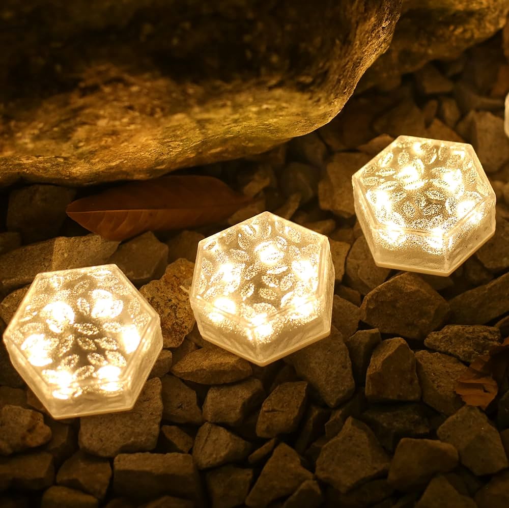 Jhbox led hexagon lights solar garden lights pack pavers for outside garden bricks decorative outdoor pavers for garden walkway pathway steps sidewalk lawn wall warm whiting lighting