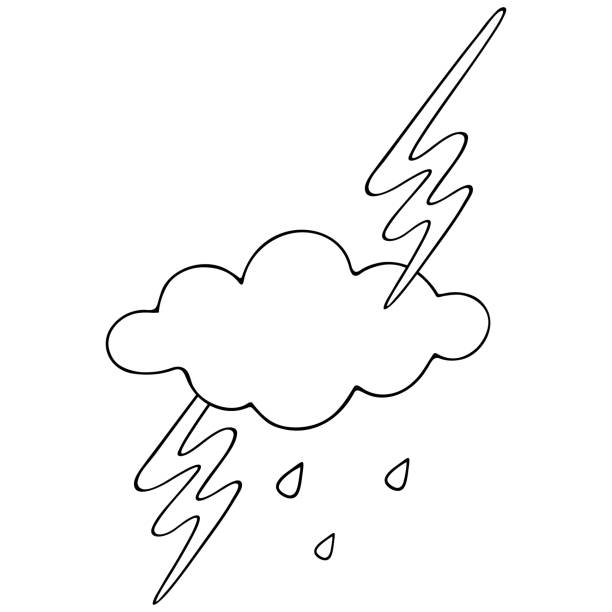 Lightning cloud and raindrops storm vector illustration outline on an isolated white background sketch weather forecast the beginning of a downpour doodle style bright electric discharge drops are dripping from heaven stock