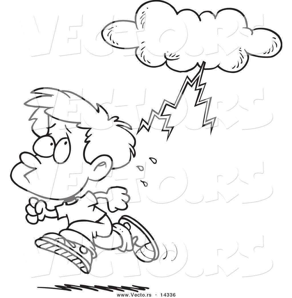 R of a cartoon boy running from lightning