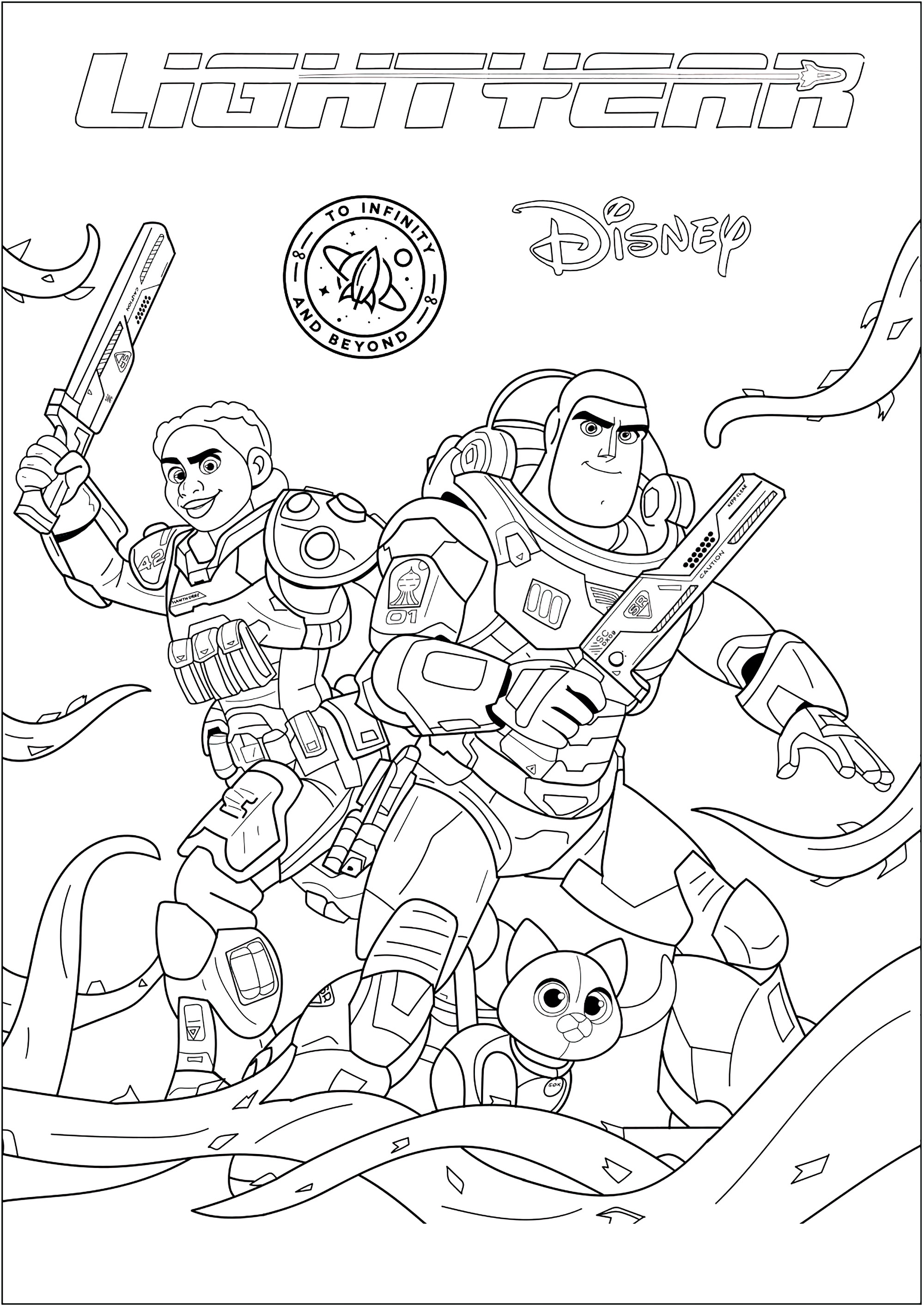 Coloring page with all the lightyear characters from disney pixar