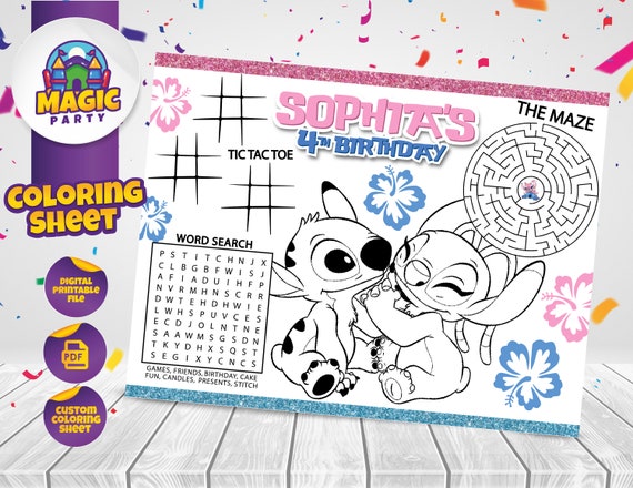 Stitch angel coloring sheet party activity birthday printable personalized not instant download digital file