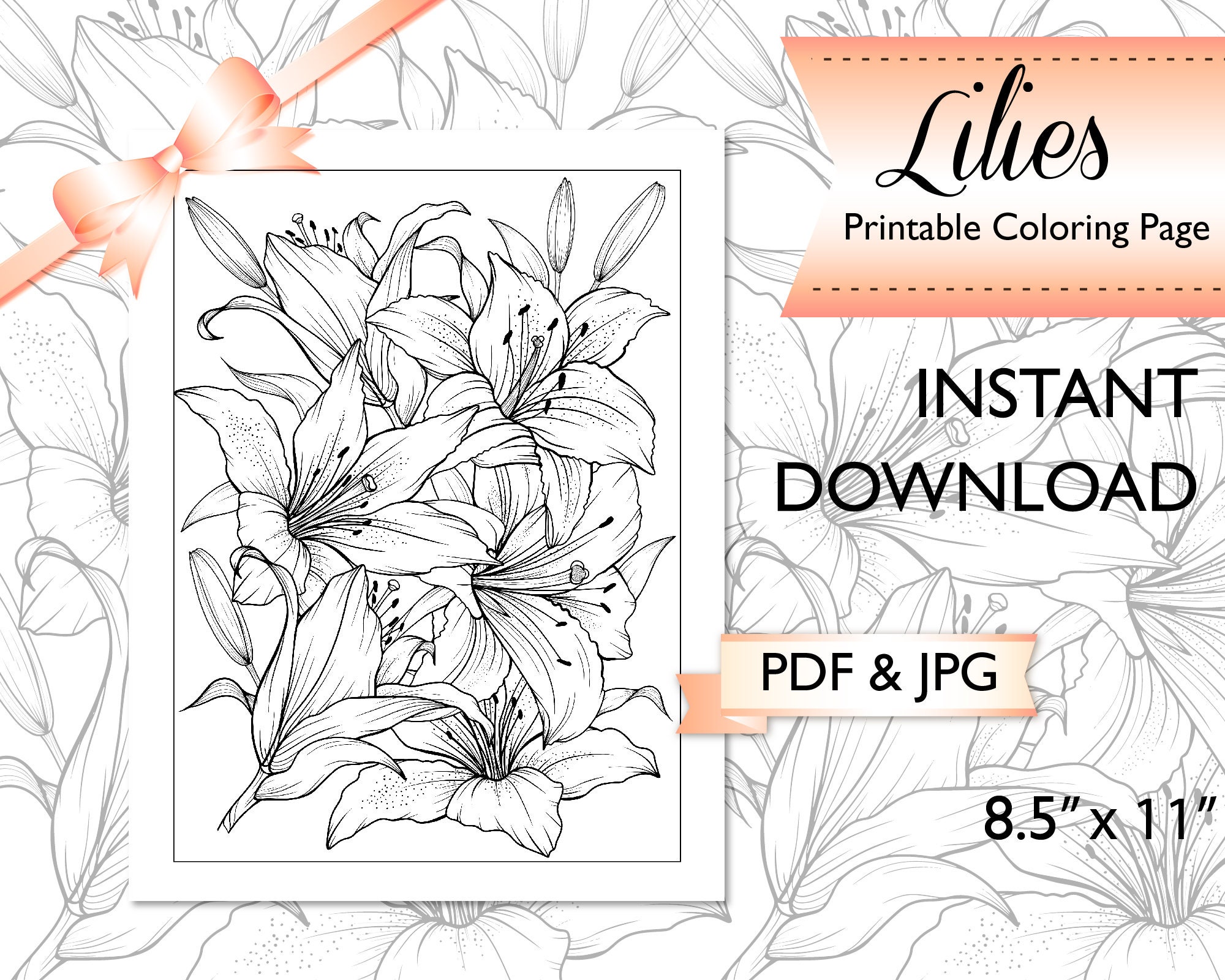 Printable adult coloring page with lily floral coloring page for adults lilies coloring page pdf coloring at home meditative coloring