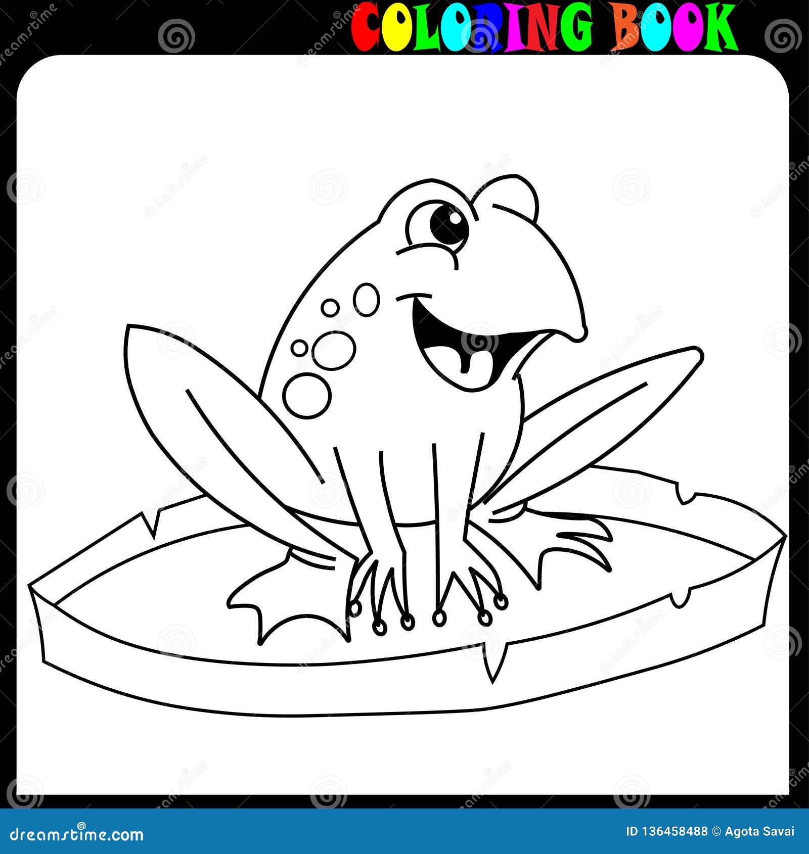 Cartoon frog on lily pad at lake coloring book pages stock vector