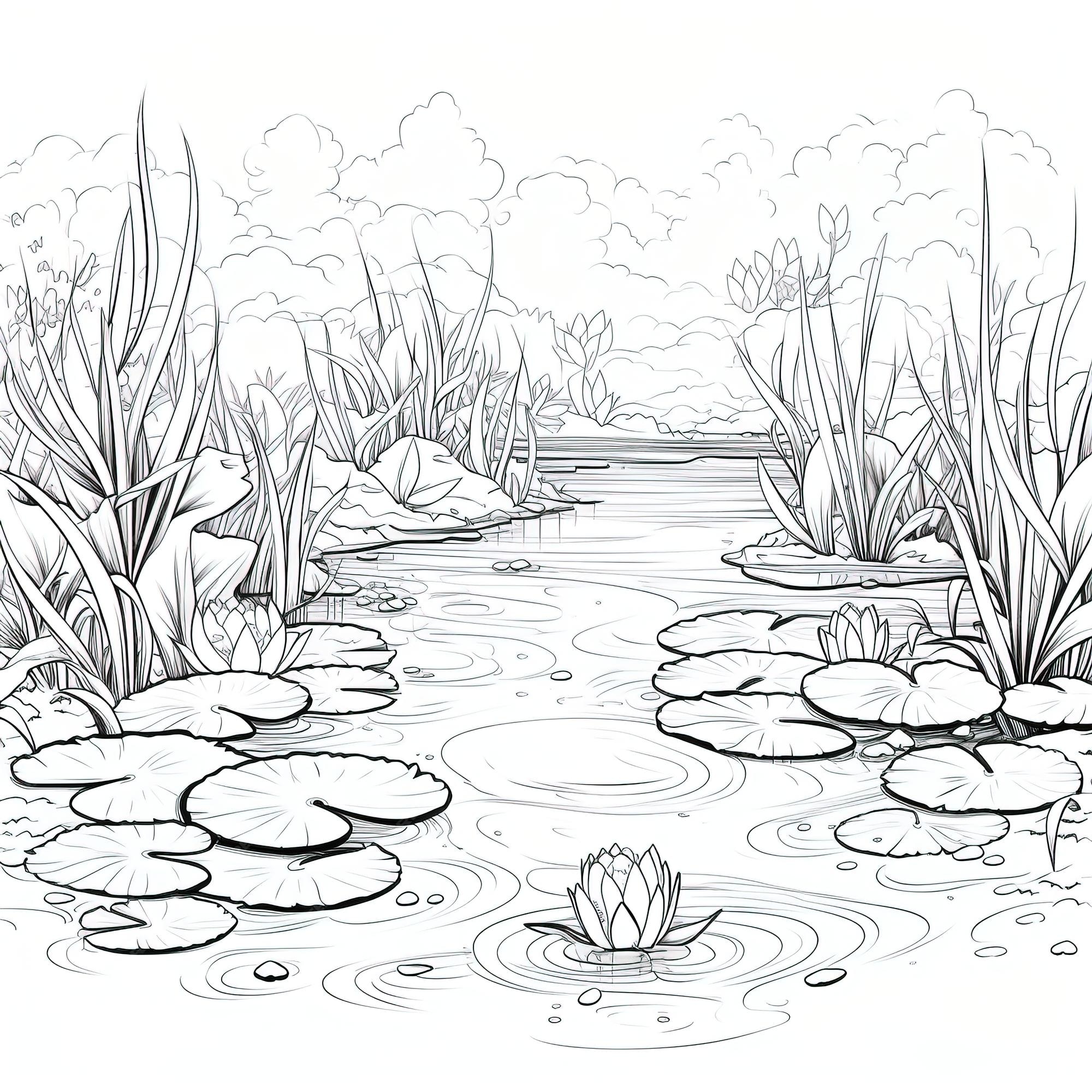 Premium vector pond with floating water lilies coloring book