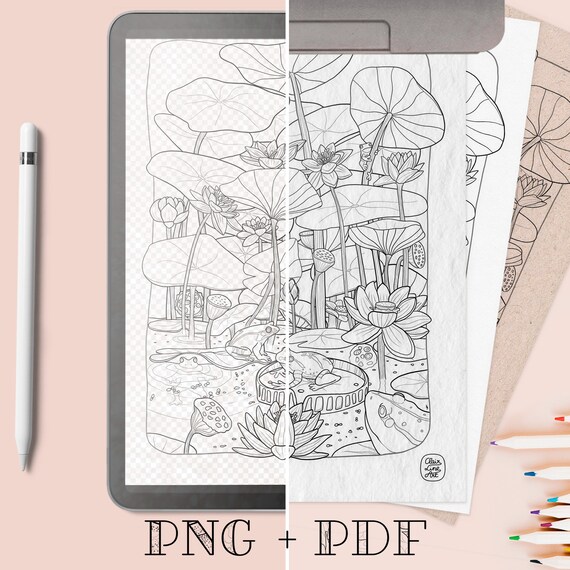 Frogs pond coloring page to download pdf png a format line art with lily pads flowers happy amphibians chilling by the pond