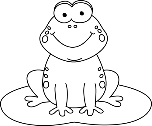 Black and white cartoon frog on a lily pad clip art