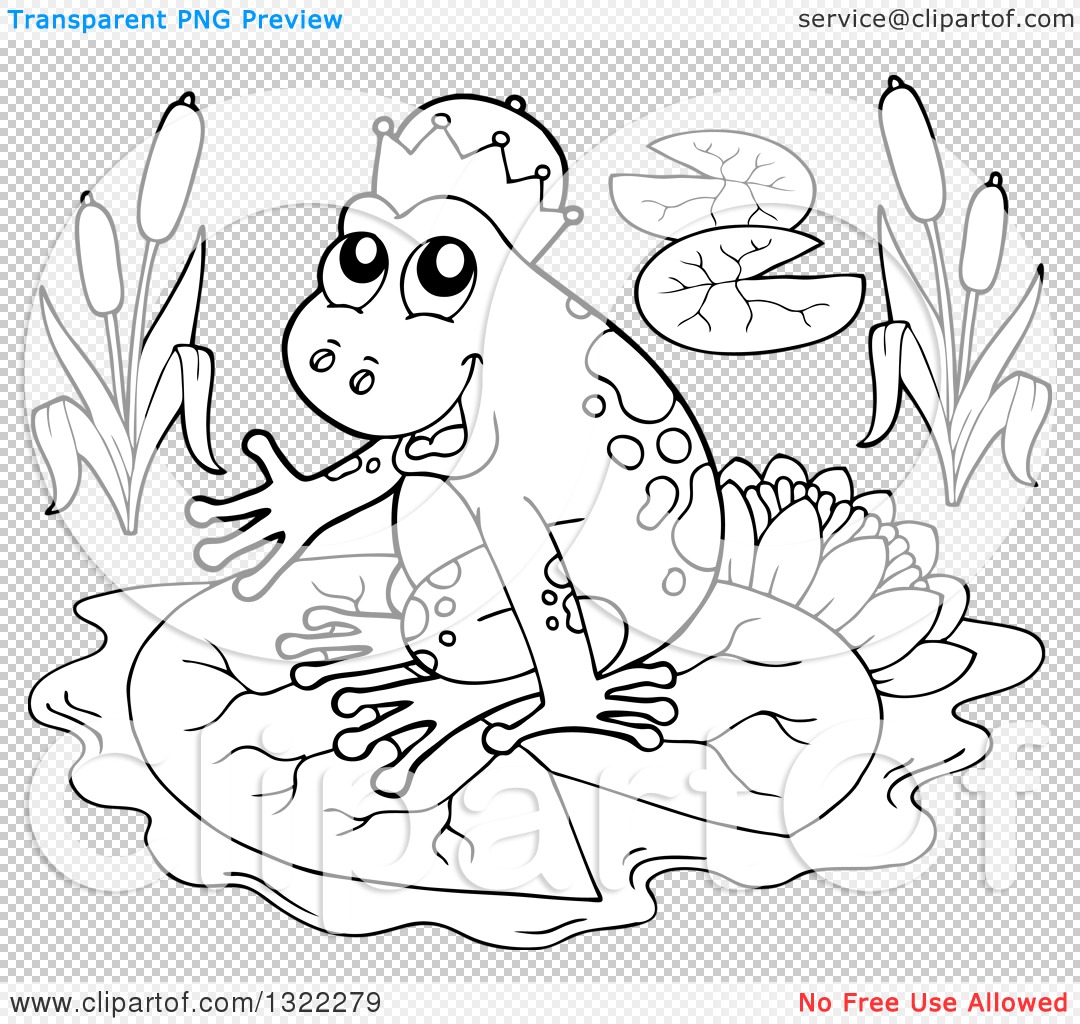 Lineart clipart of a black and white fantasy frog prince sitting on a lily pad