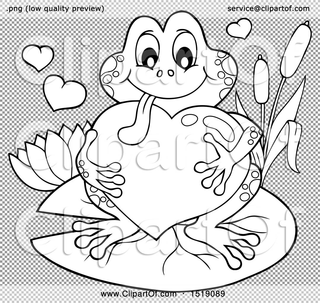 Clipart of a black and white valentine frog hugging a heart on a lily pad