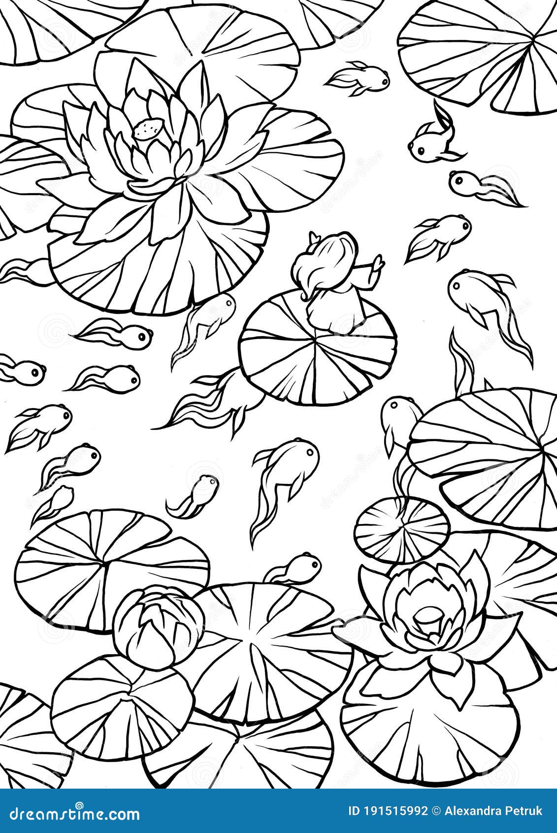 Hand drawn illustration of a little fairy creature sailing on a lily pad in a pond stock illustration