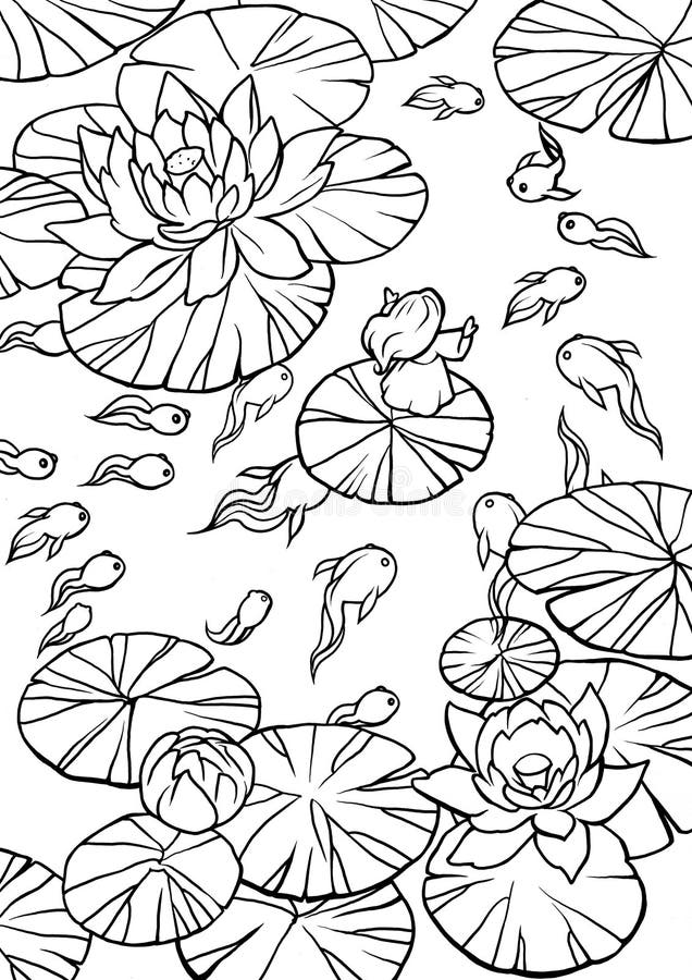 Hand drawn illustration of a little fairy creature sailing on a lily pad in a pond stock illustration