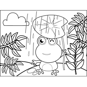 Frog in rain under lily pad coloring page