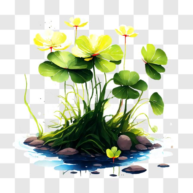 Download beautiful island with lily pads on water png online