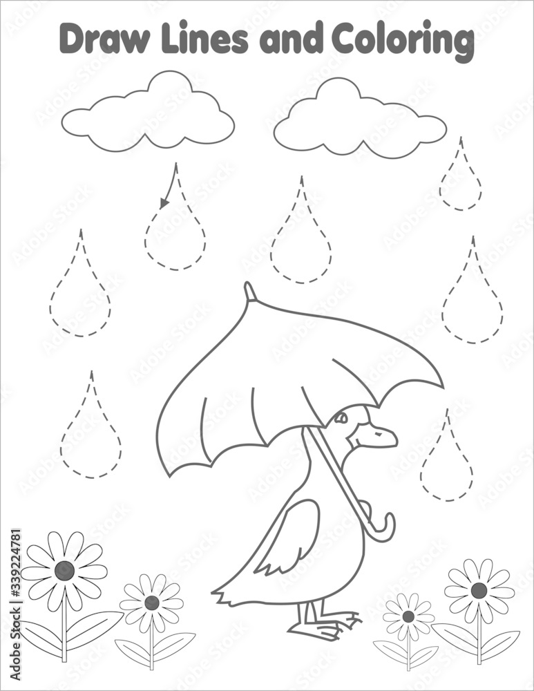 Black and white trace line practice worksheet coloring page rain drops little cute duck ambella for kids toddlers practicing fine motor skills vector
