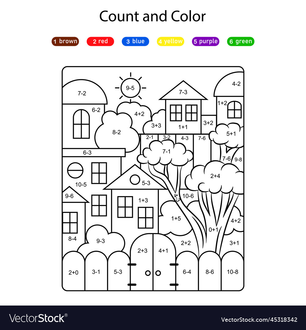 Houses line drawing coloring page with math quiz vector image