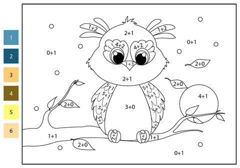 Addition color by number owl free printable coloring pages