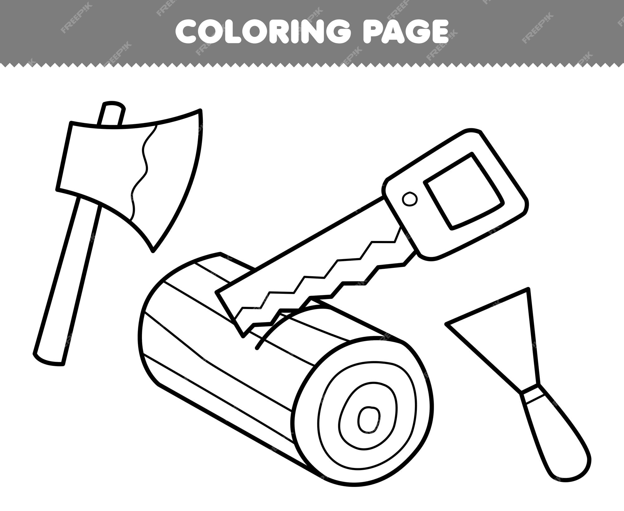 Premium vector education game for children coloring page of cute cartoon axe saw and chisel line art printable tool worksheet
