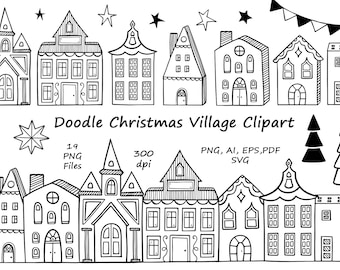 Doodle christmas village clipart houses svg christmas house png vector hand drawn winter clip art christmas coloring