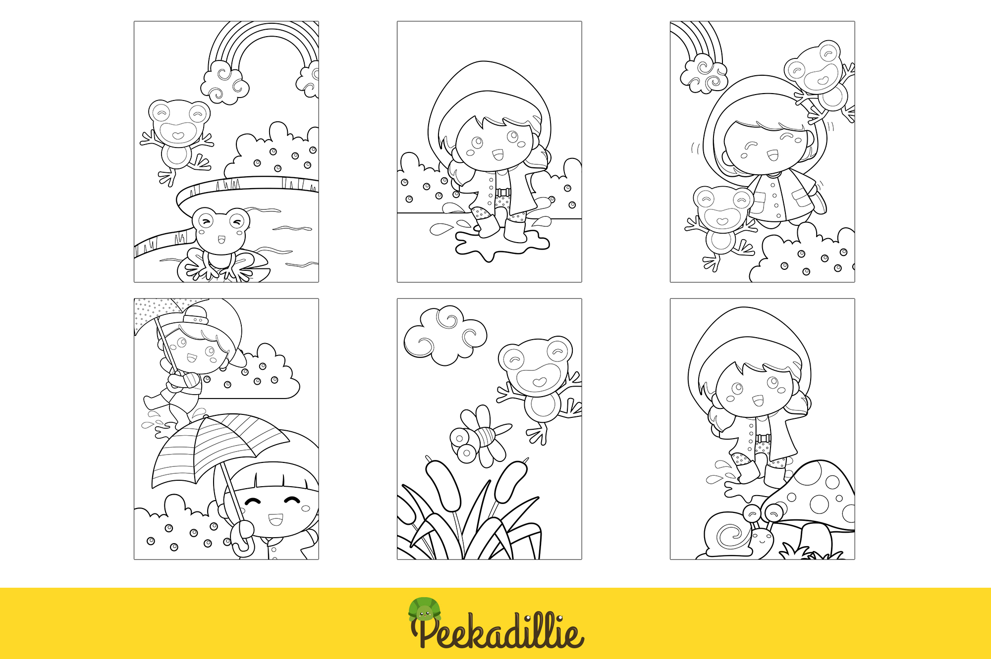 Happy kids playing at garden in rainy day with animals coloring pages