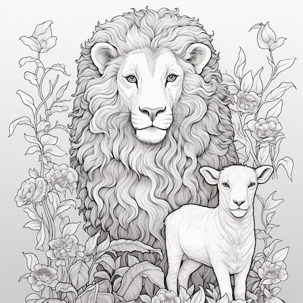 Premium ai image coloring pages of a lion and a lamb in a field of flowers generative ai