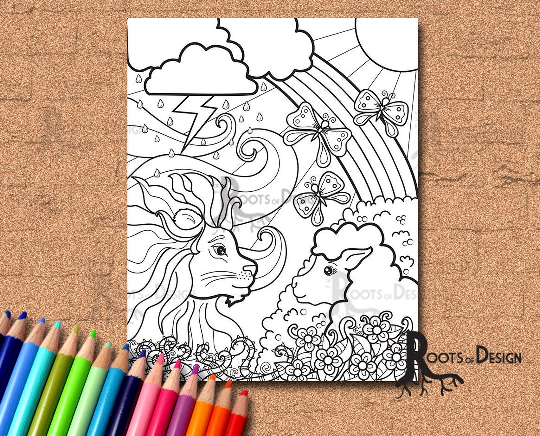 Instant download coloring page lion lamb coloring march es in like a lion and goes out like a lamb doodle art printable