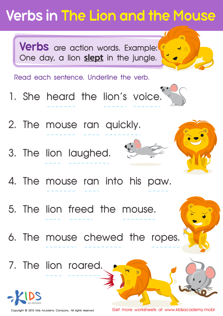 Verbs in the lion and the mouse worksheet free printout for kids