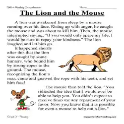 The lion and the mouse reading prehension worksheet by teach simple