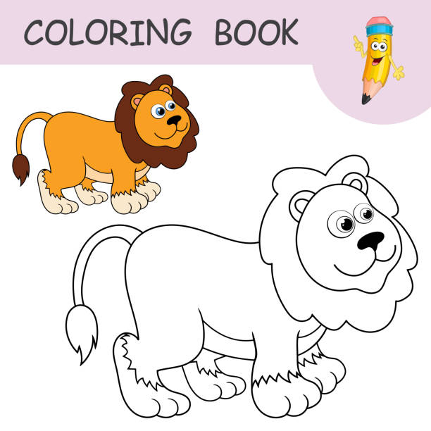 Coloring book with fun character lion colorless and color samples wild cat on coloring page for kids coloring design in cute cartoon style black contour silhouette with a sample for coloring stock