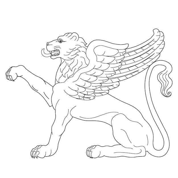 Premium vector vector black and white contour illustration of lion with wings