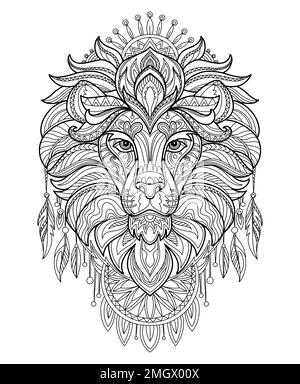 Stylized head of lion close up hand drawn sketch black contour vector illustration for adult antistress coloring page print design decor t