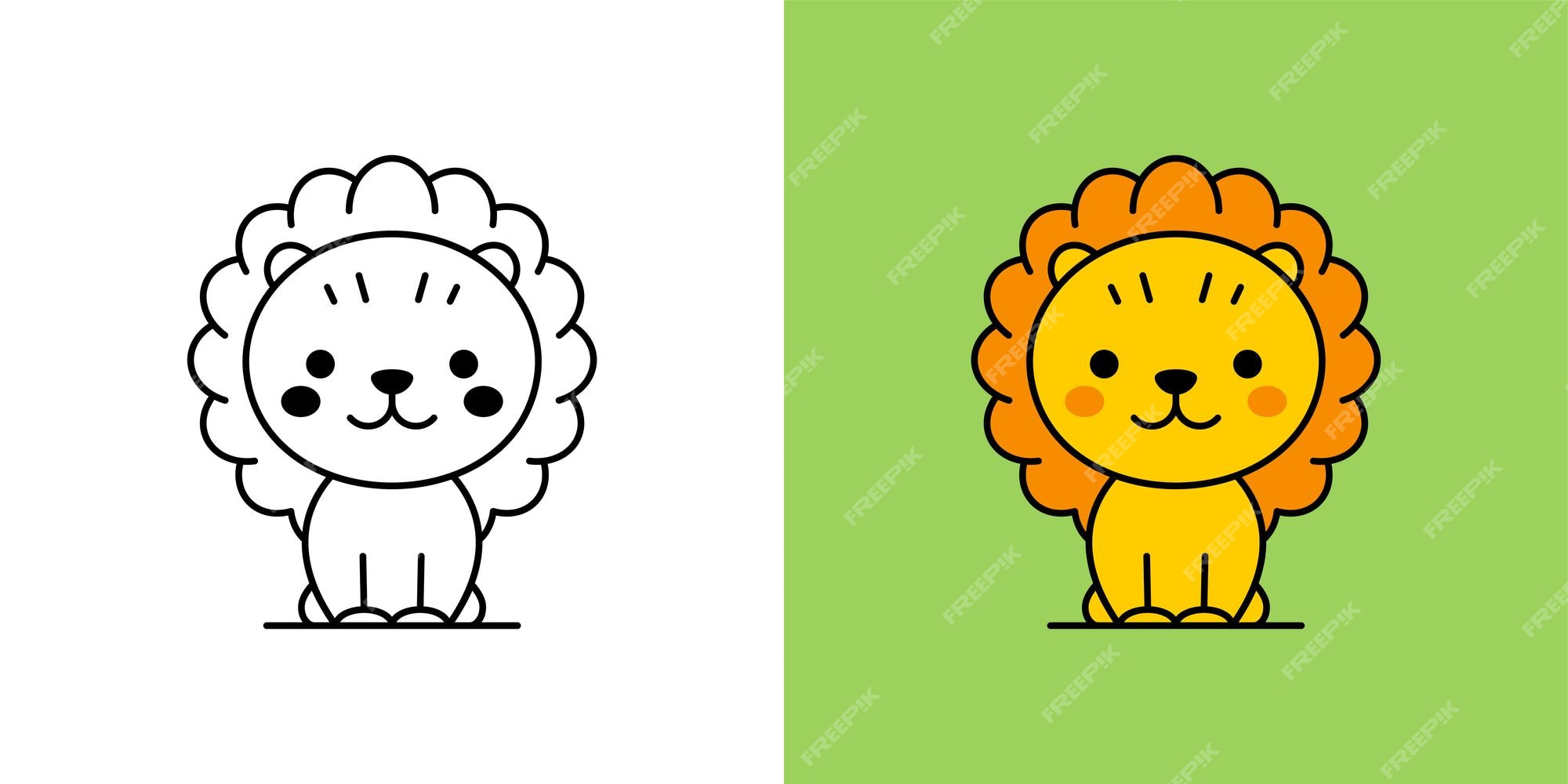 Premium vector adorable childish lion monochrome line and color set for art coloring book vector flat illustration cute feline character little wild animal with mane and paws minimal contour logo for