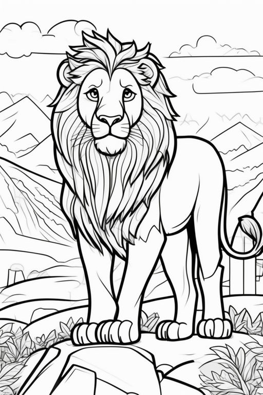 A cute lion in a box in a cartoon style for a coloring book for children
