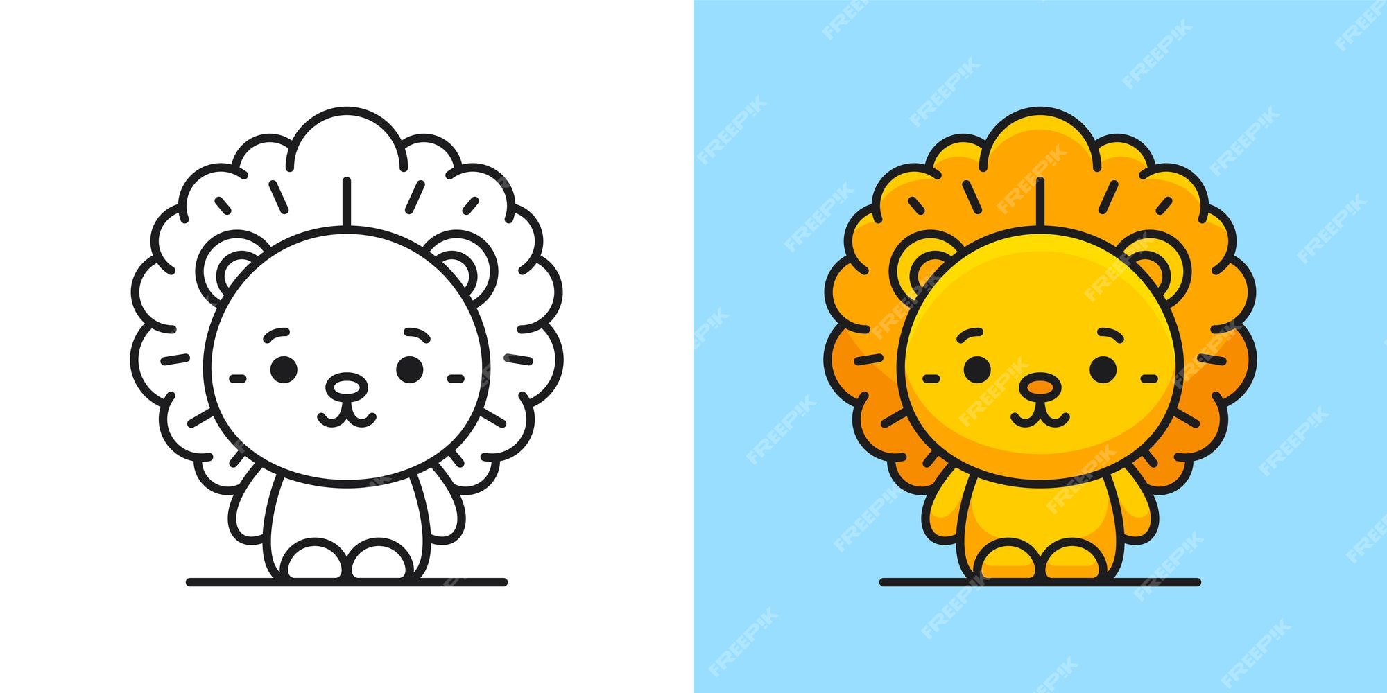 Premium vector cute baby lion childish animal sketch line and yellow contour logo for art coloring book page set vector flat illustration little kids wild feline with mane color black and
