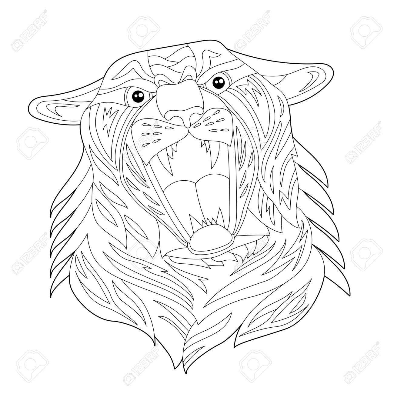 Contour linear illustration for coloring book with decorative tiger head beautiful animal anti stress picture line art design for adult or kids in zen