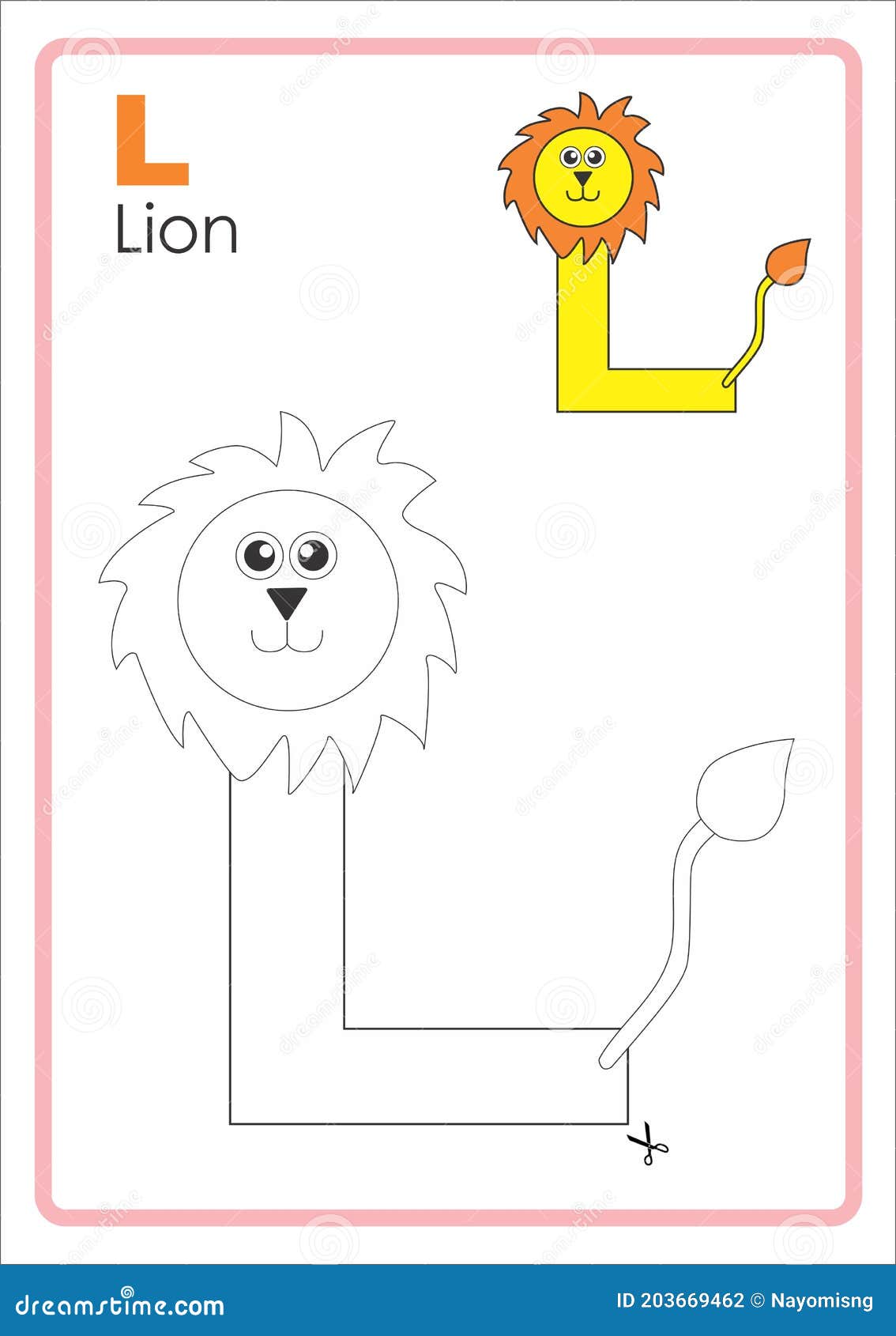 Alphabet picture letter l colouring page lion craft stock illustration