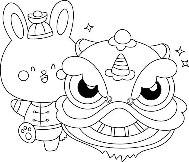Premium vector a vector of a rabbit with a lion dance in black and white coloring