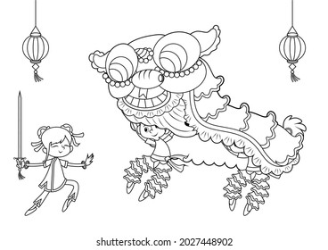 Chinese lion dance coloring pageillustration vector stock vector royalty free