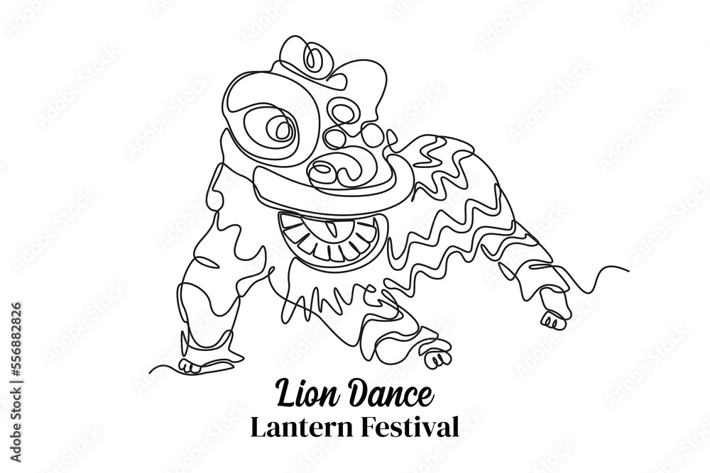 Continuous one line drawing lion dance lantern festival concept single line draw design vector graphic illustration vector