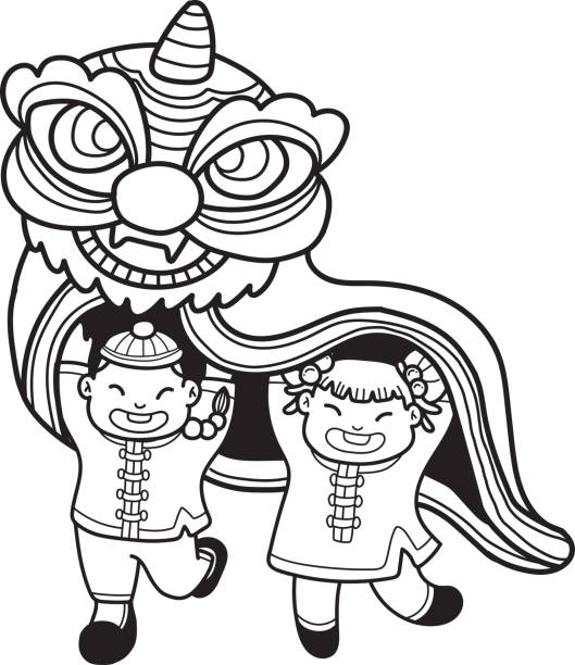 Hand drawn chinese lion dancing with chinese children illustration stock illustration