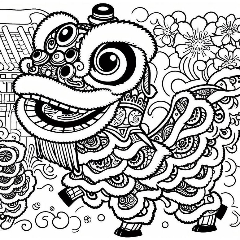 Coloring page japanese new year lion dance