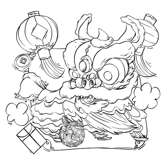 Premium vector coloring book of cute lion dance for chinese new year celebration