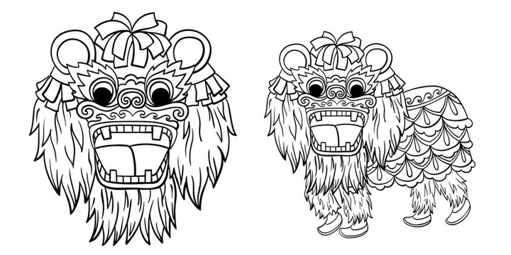 Chinese lion dance with festive mask and costume and people legs isolated outline sketch in doodle style vector element for traditional chinese new year or lantern festival illustration vector