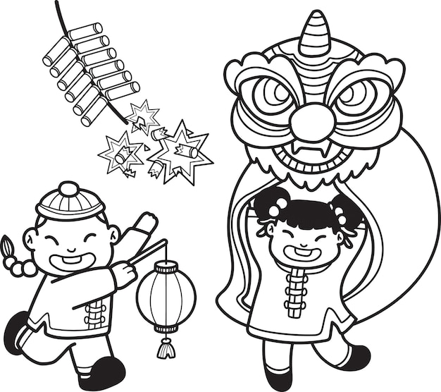 Premium vector hand drawn chinese lion dancing with firecrackers illustration