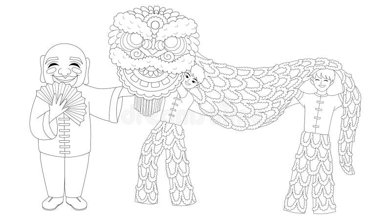 Children playing chinese lion dance for printed greeting cards posterbanner and coloring book page for anti stress vector illus stock vector