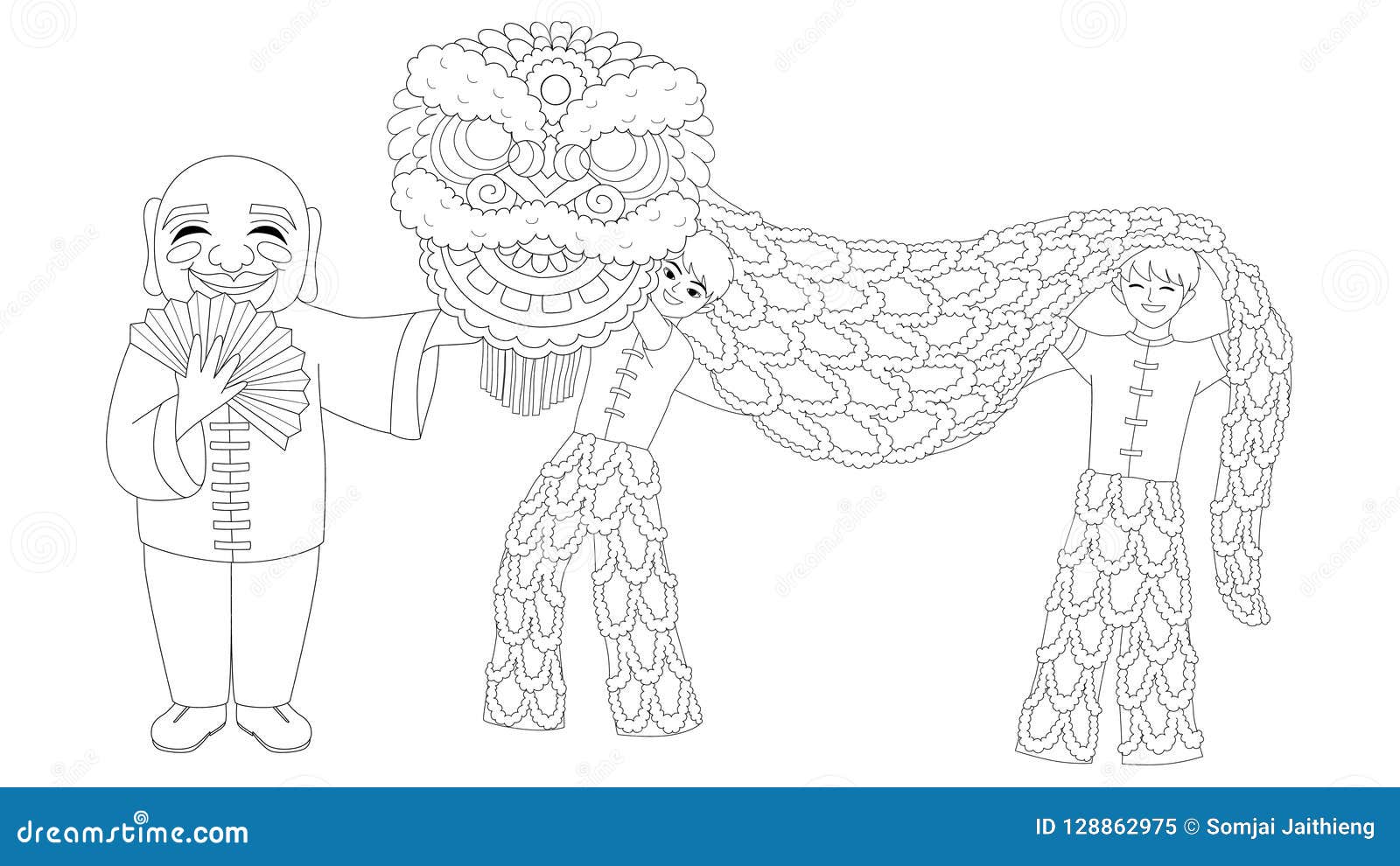 Children playing chinese lion dance for printed greeting cards posterbanner and coloring book page for anti stress vector illus stock vector