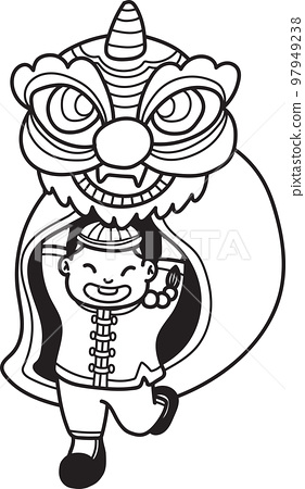 Hand drawn chinese lion dancing with chinese