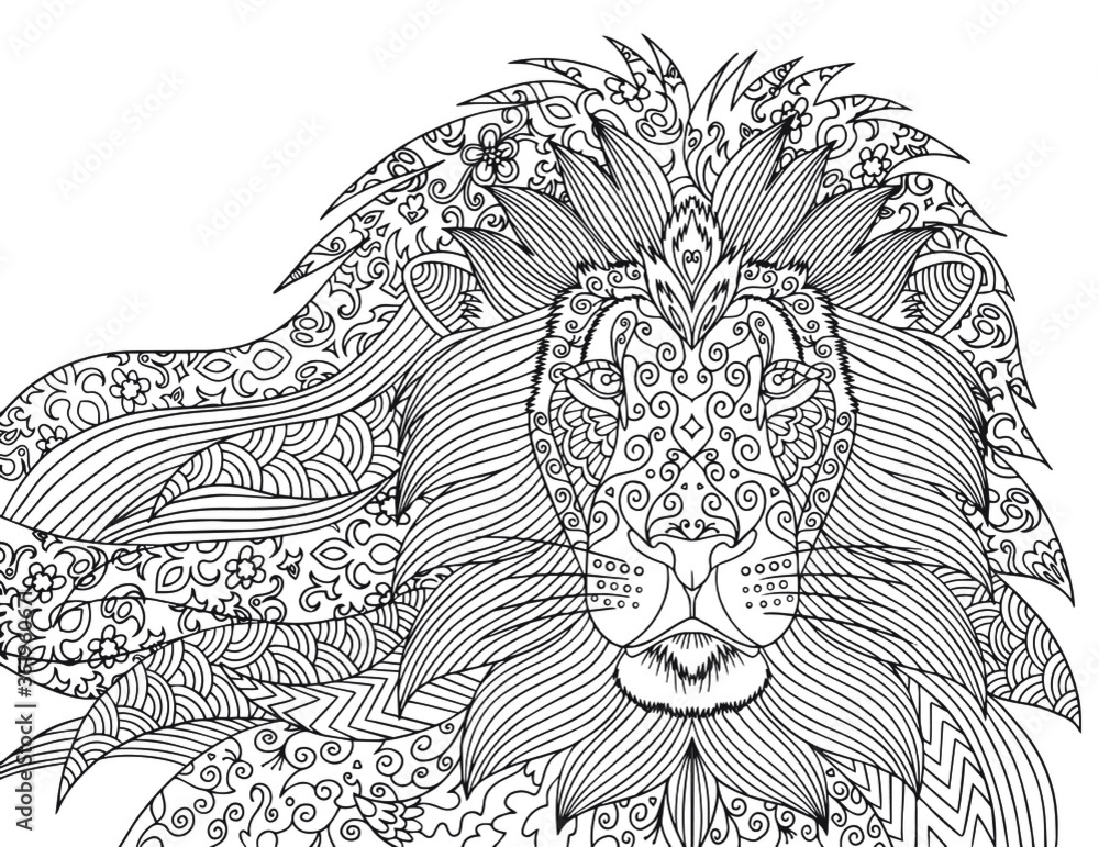 Lion head vector coloring page for adults lion portrait with doodle and zentagle elements outline illustration for coloring book for relaxing at home vector isolated horizontal line art vector