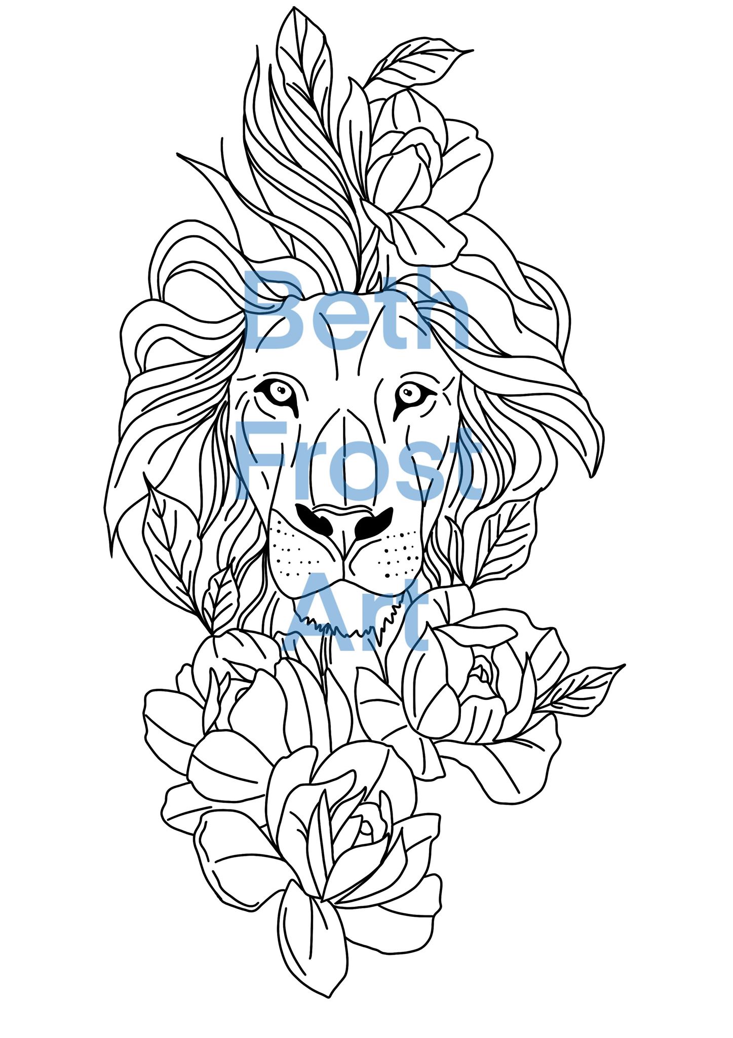 Floral lion colouring page